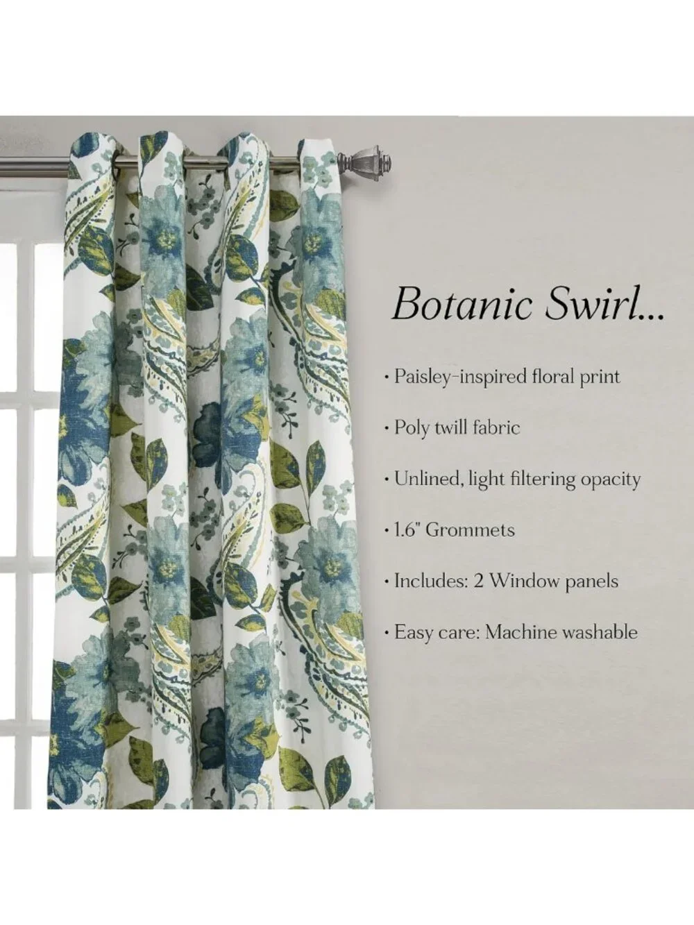 Floral Paisley Light Filtering Window Curtain Panel Pair, 52